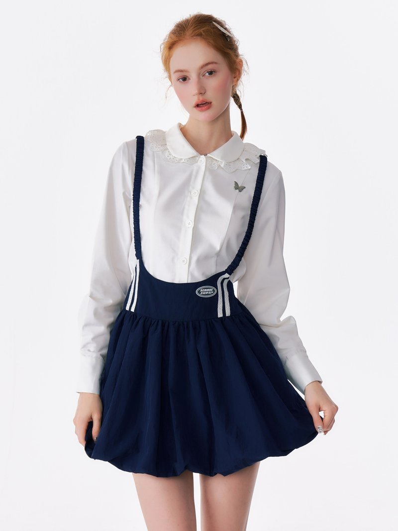 ziziFei autumn and winter new American retro dark blue sportswear suspenders puffy suspenders dress short skirt for women - ชุดเดรส - วัสดุอื่นๆ สีน้ำเงิน