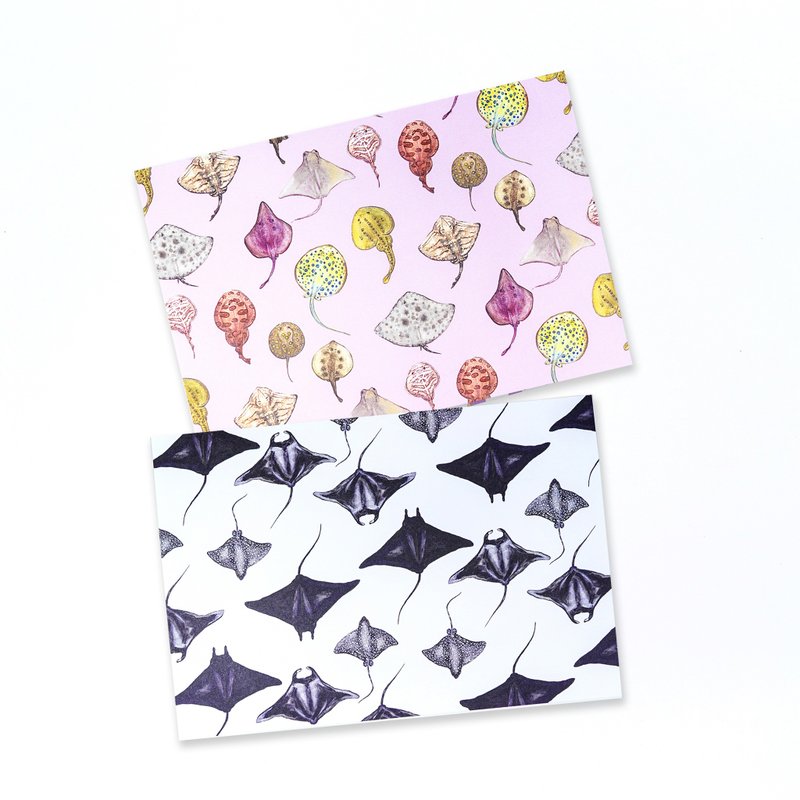 【Manta & Ray】水彩插畫 花樣明信片 一套全兩張 魔鬼魚 魟魚 - 卡片/明信片 - 紙 黑色