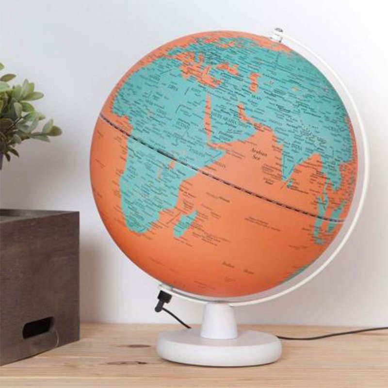 Skyglobe 12-inch Orange Sea Blue Terrestrial Wooden Base Globe (English Version) (With Lamp) - Items for Display - Other Metals Multicolor