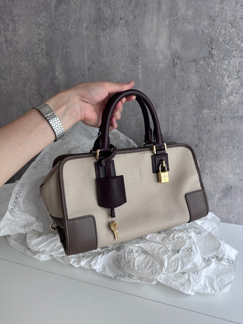 中古包 LOEWE 羅意威 Amazona 28 鎖頭拼皮手提包 - 手提包/手提袋 - 真皮 卡其色