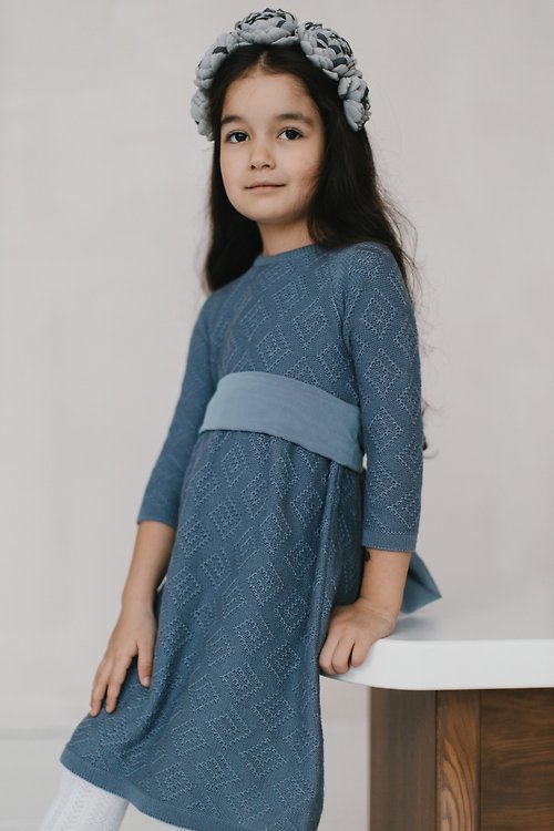Usfura Design Indigo pattern dress, Knitted cotton pattern dress for a girl.
