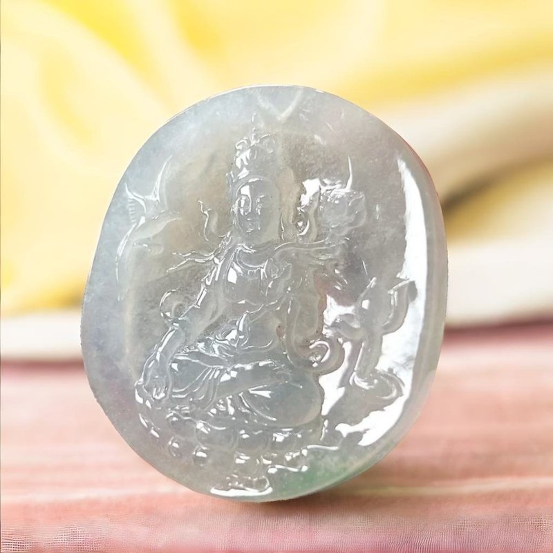 Muna ice jadeite carved lotus-holding Guanyin Bodhisattva | Natural Burmese jadeite A goods | Gifts - สร้อยคอ - หยก สีใส