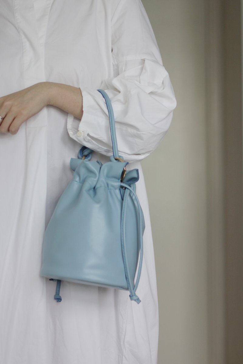 Special Sale–Handmade Handcrafted Soft Leather Drawstring Bucket Bag–Light Blue - กระเป๋าถือ - หนังแท้ สีน้ำเงิน