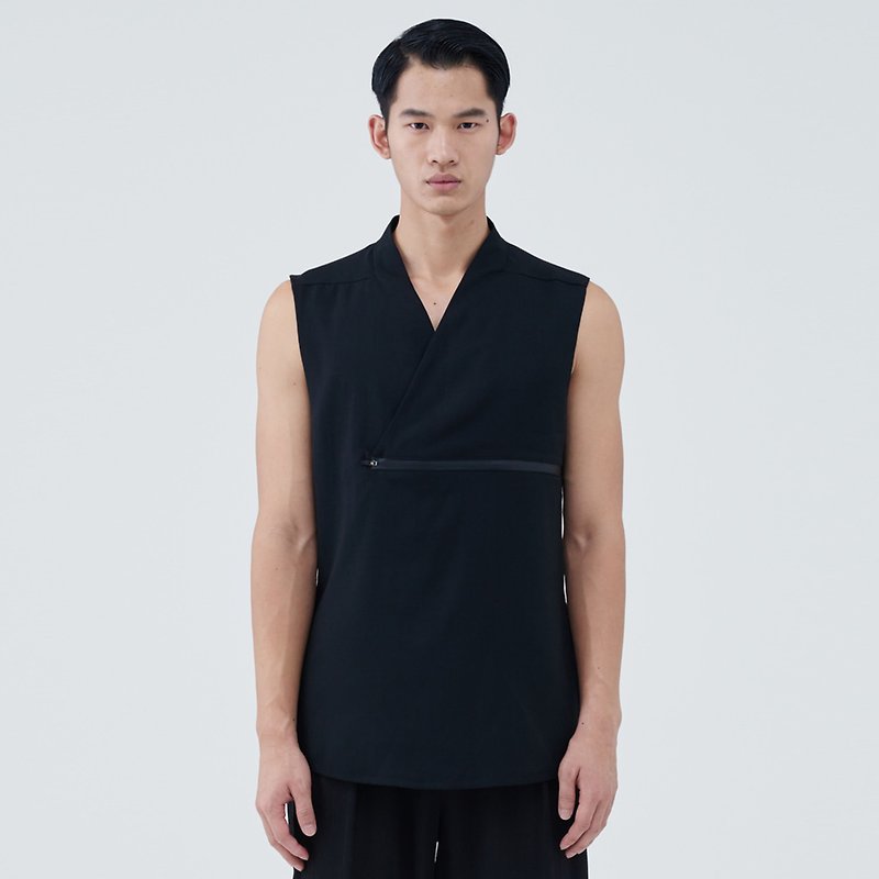 TRAN  -  Yジッパー襟のベスト - Tシャツ メンズ - ポリエステル ブラック