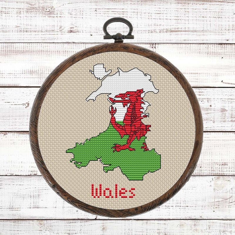 Wales Map Cross Stitch pattern modern, Welsh Flag Xstitch PDF - 手工藝教學/工具書 - 其他材質 