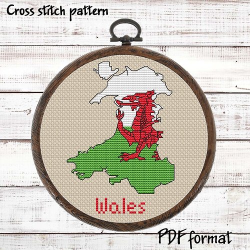 ModernXStitchArt Wales Map Cross Stitch pattern modern, Welsh Flag Xstitch PDF