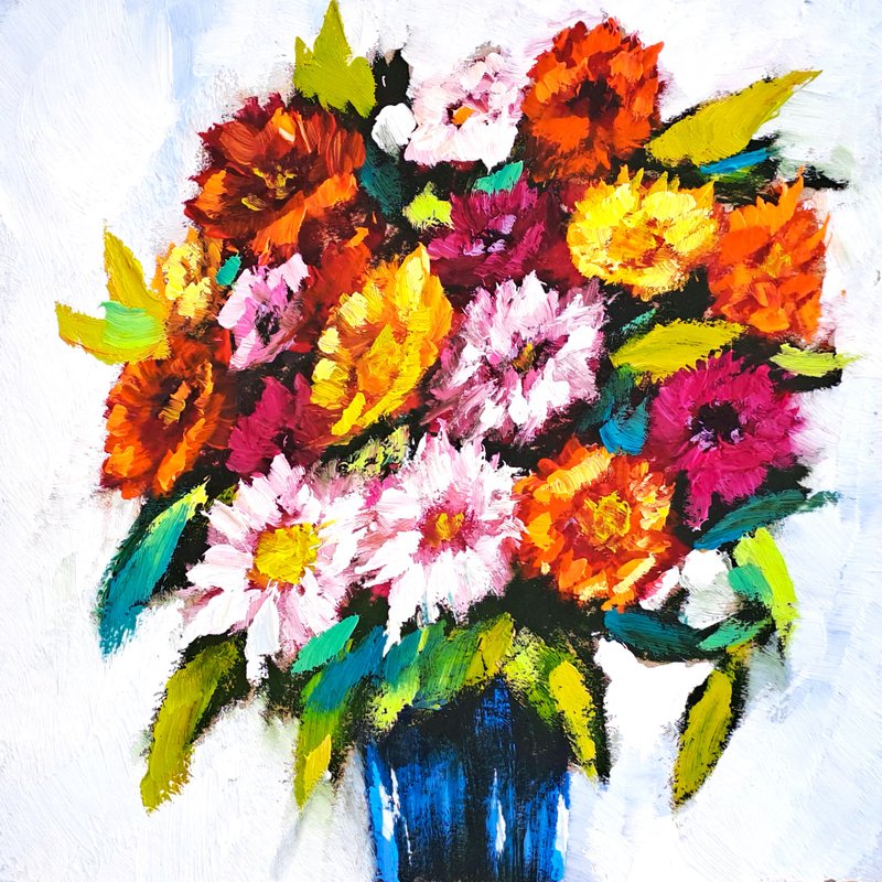 Gerbera Painting Daisies Original Art Floral Oil Painting Flowers Wall Art - 海報/掛畫/掛布 - 其他材質 多色