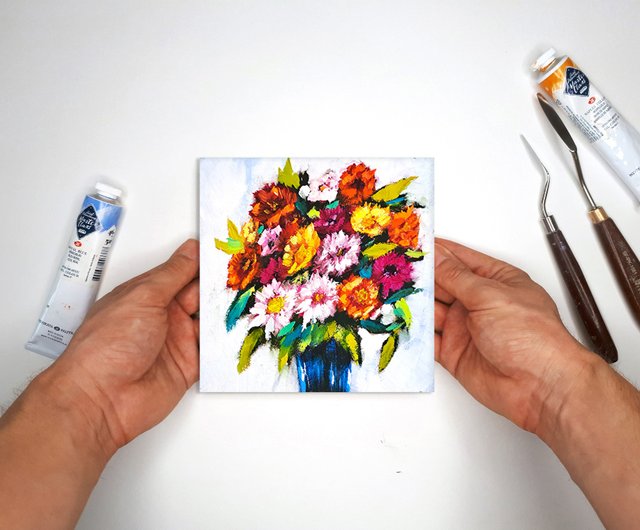 ガーベラ絵画ヒナギクオリジナルアートフローラル油絵花ウォール