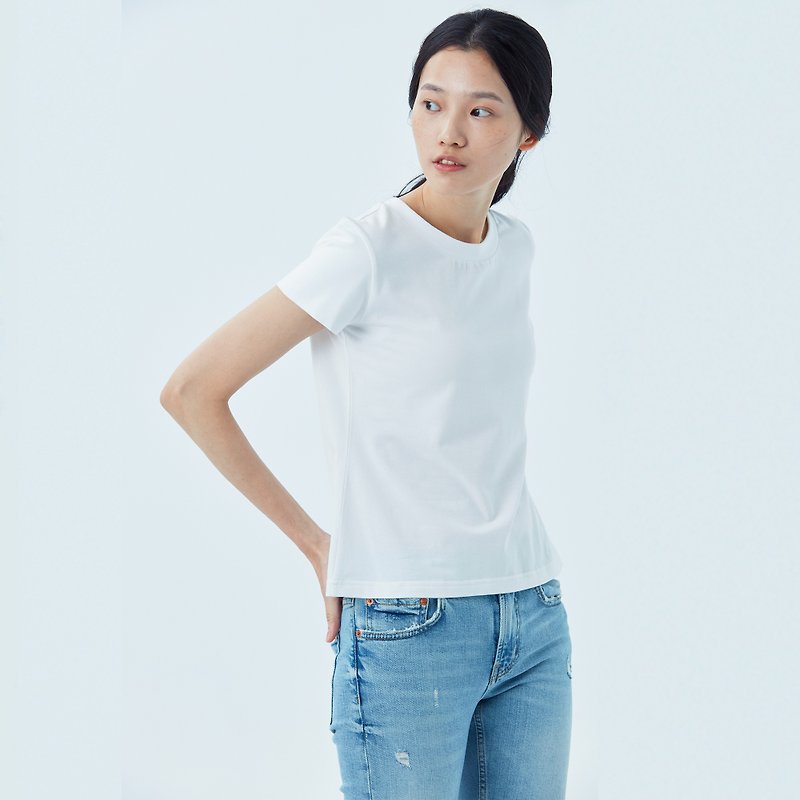 Plus | 寬領彈性短袖 | CLAP - 女 T 恤 - 棉．麻 白色