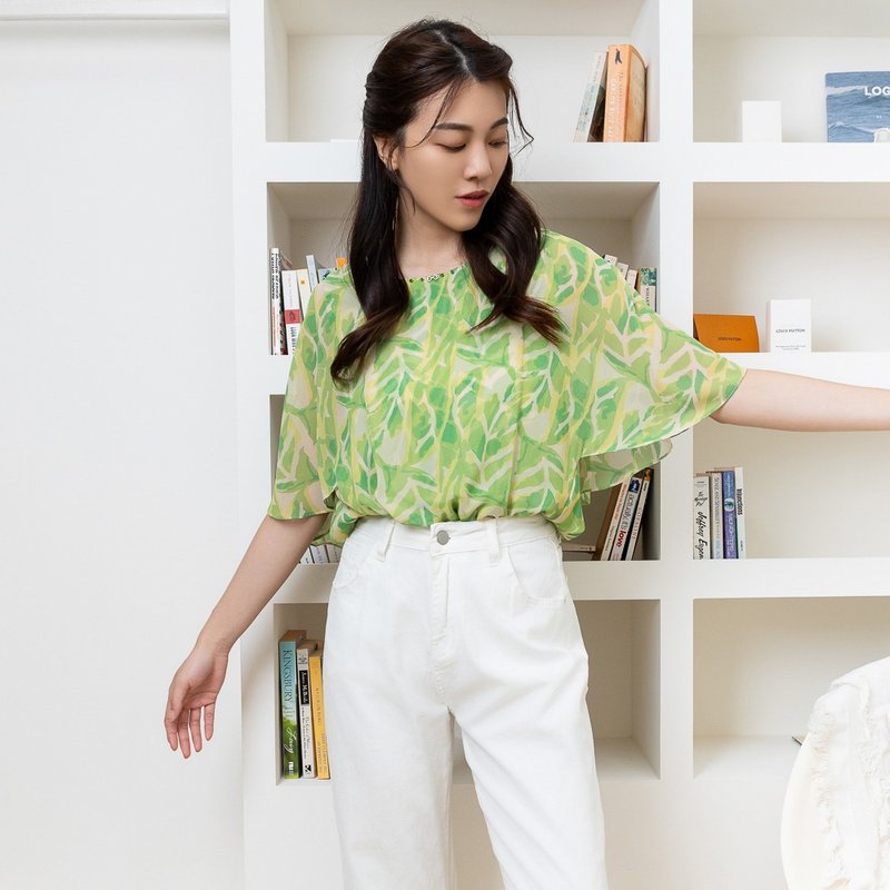 【MEDUSA】Green Leaves Print Shawl Chiffon Top - Women's Tops - Polyester Green