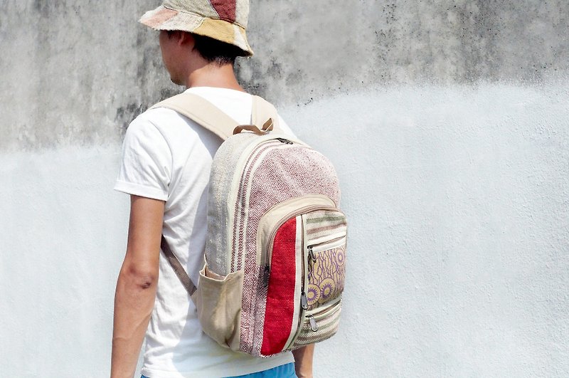 Handmade cotton and linen stitching design backpack / shoulder bag / ethnic mountaineering bag / patchwork package - plant forest nation - กระเป๋าเป้สะพายหลัง - ผ้าฝ้าย/ผ้าลินิน หลากหลายสี