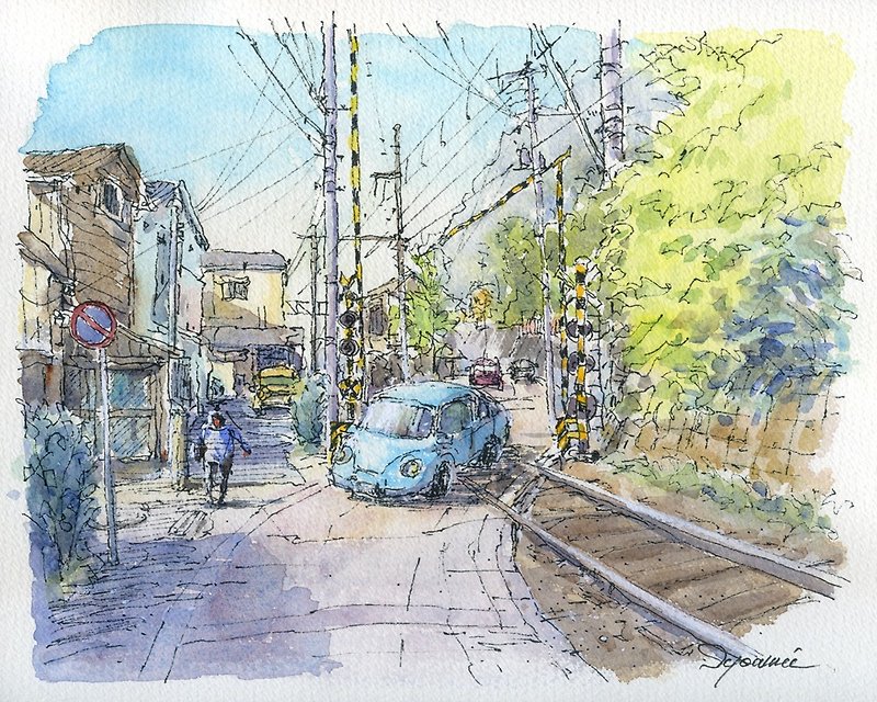 Watercolor picture Enoden railroad crossing scenery 5 - โปสเตอร์ - กระดาษ สีเขียว