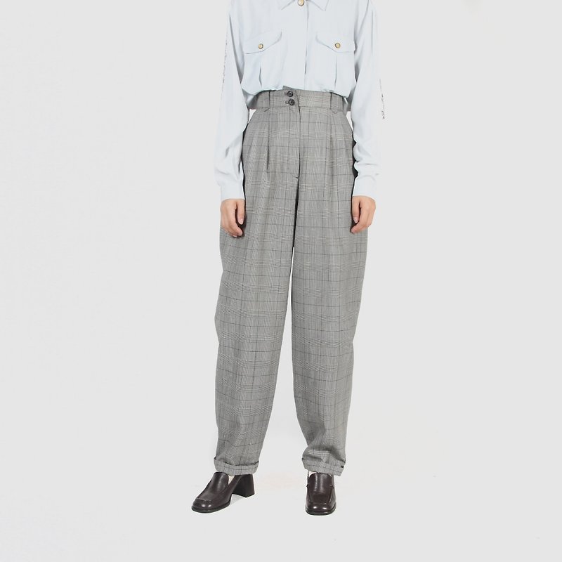 [Egg plant ancient] gray shadow strips plaid wool vintage trousers - Women's Pants - Wool Gray