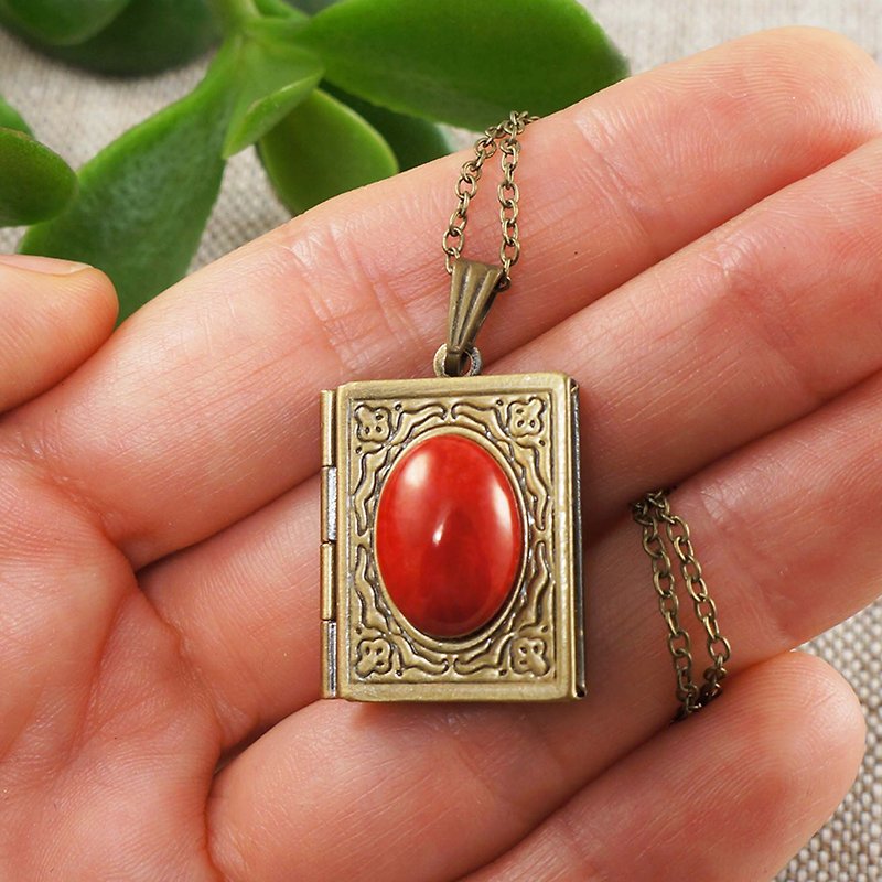 Red Coral Photo Locket Bronze Brass Book Rectangle Pendant Necklace Jewelry Gift - Necklaces - Other Materials Red