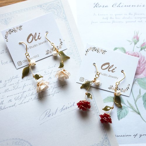 Oli studio 【古典玫瑰】紅玫瑰與白玫瑰耳環 手工銅線樹脂 耳環/耳夾