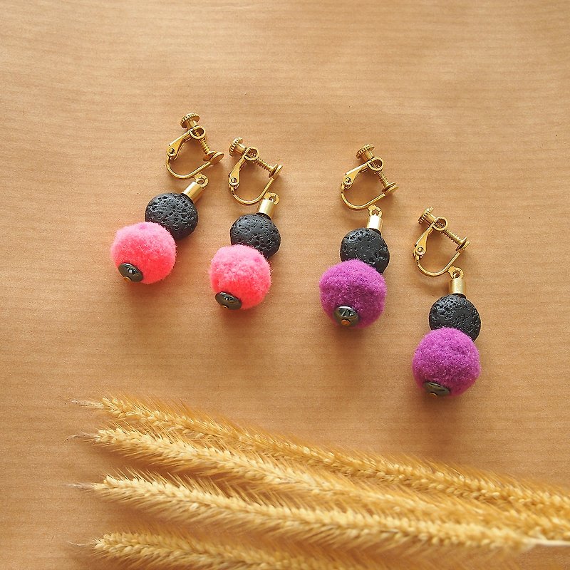 Furball (pink/purple) with lava stone earrings  - 耳環/耳夾 - 石頭 紫色