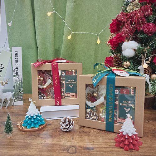 KIRA花藝 聖誕樹蠟燭×乾燥花束 交換禮物盒 /附燭台、LED燈、酒巧克力二入