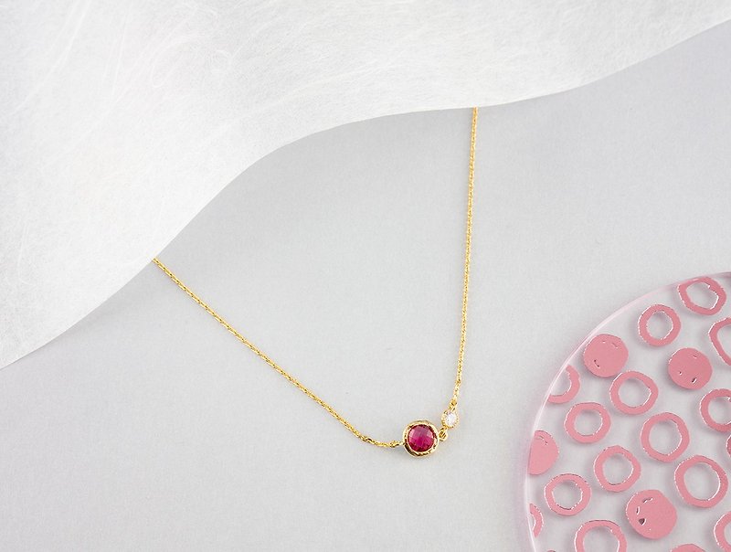 Edith & Jaz • Birthstone with CZ Collection - Ruby Quartz Necklace (Jul) - Chokers - Gemstone Red