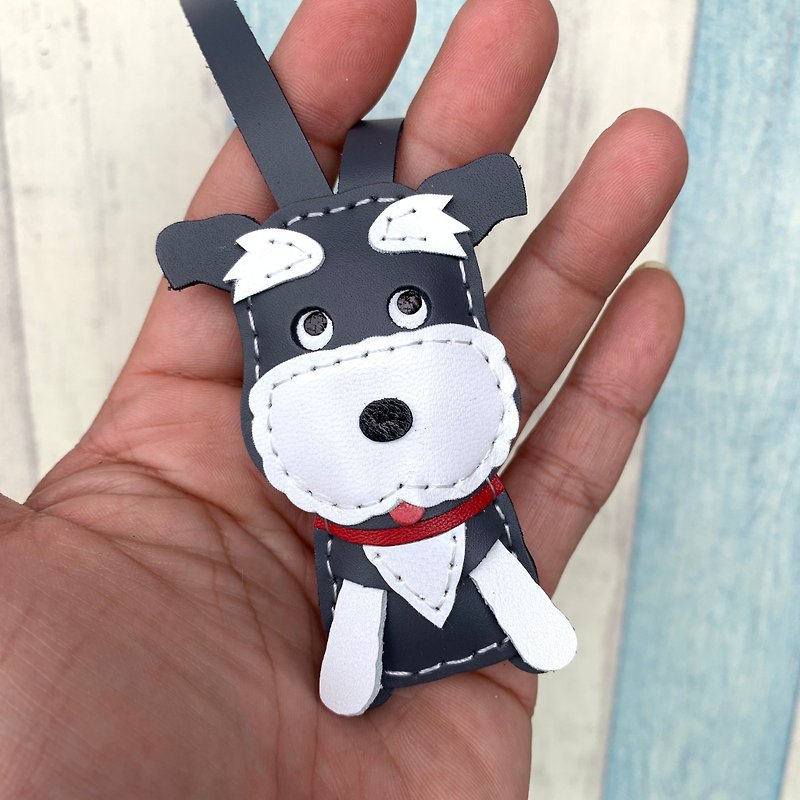 Healing small things dark gray/white cute Schnauzer hand-stitched leather charm small size - Keychains - Genuine Leather Gray