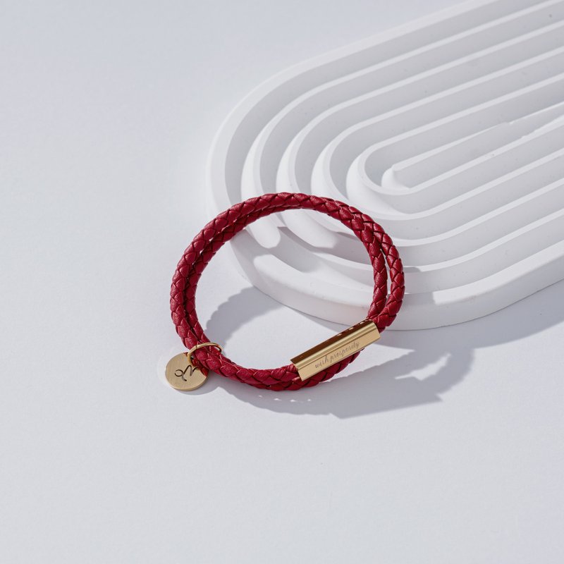 [Customized Gift] Leather Braided Bracelet Letter Hangtag - Zhenghong - Bracelets - Genuine Leather Red