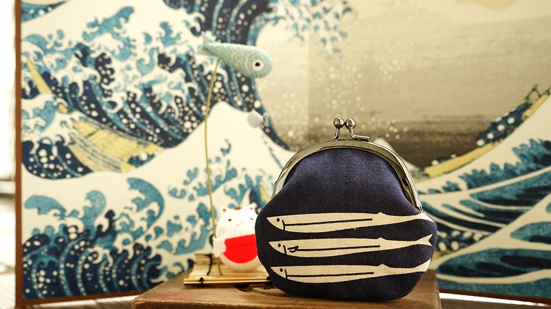 秋刀魚+1小口金包 - 散紙包 - 棉．麻 藍色