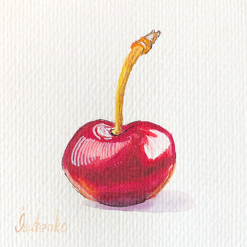 Cherry Painting Berry Original Art Fruit Artwork Small Watercolor Wall Art - 海報/掛畫/掛布 - 紙 紅色