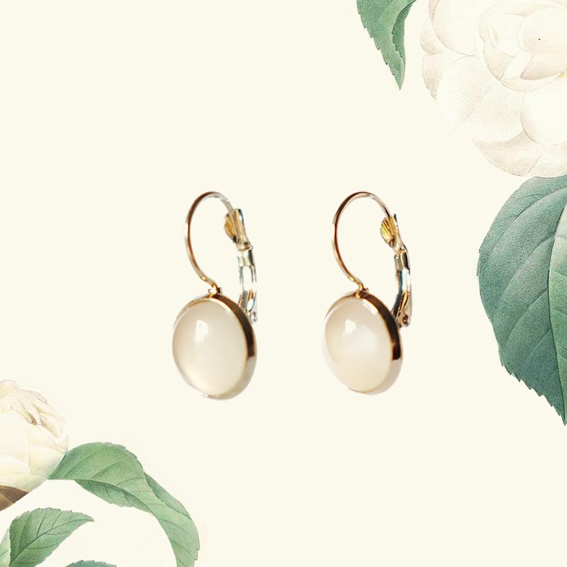 Camellia natural white chalcedony retro copper plated 18k thick gold French ear hook earrings - Earrings & Clip-ons - Semi-Precious Stones Gold