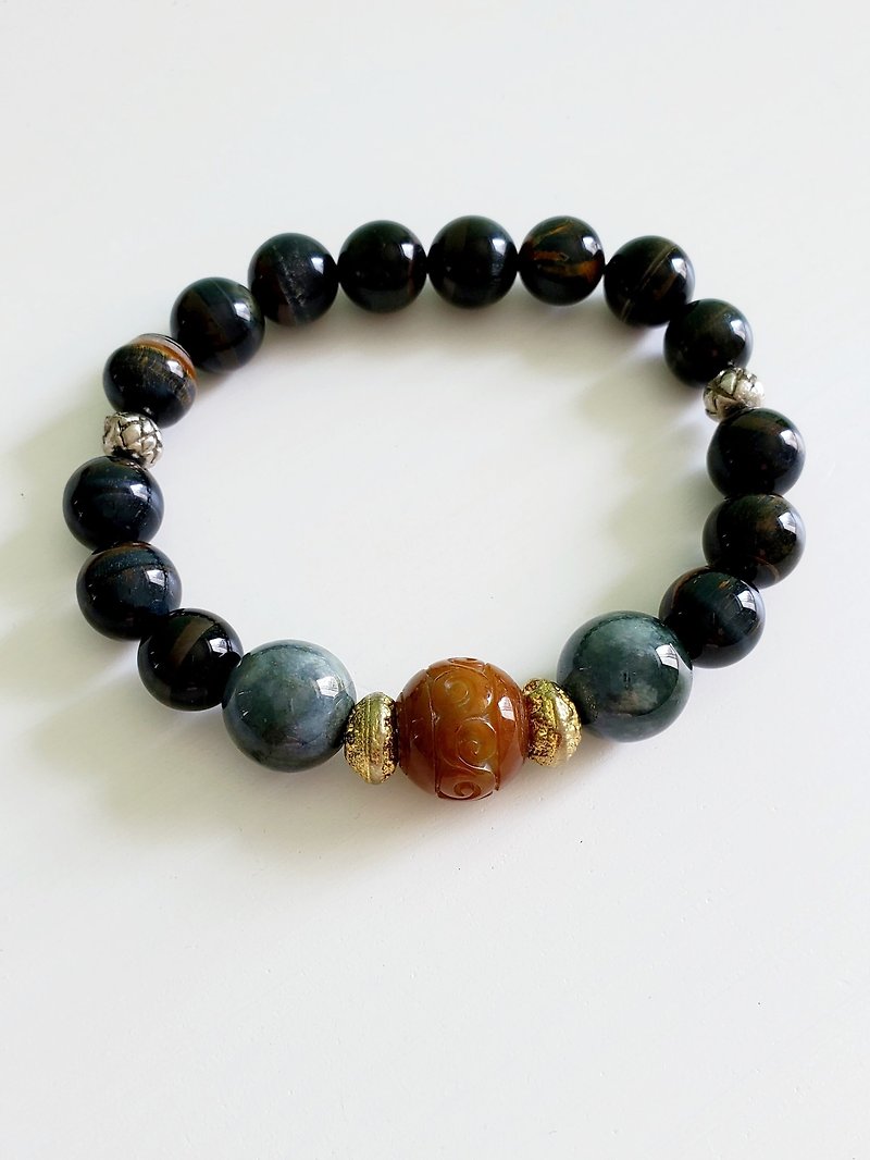 Natural  jadeite  and  grey tiger- eyes bracelet (with certificate) - Bracelets - Gemstone 