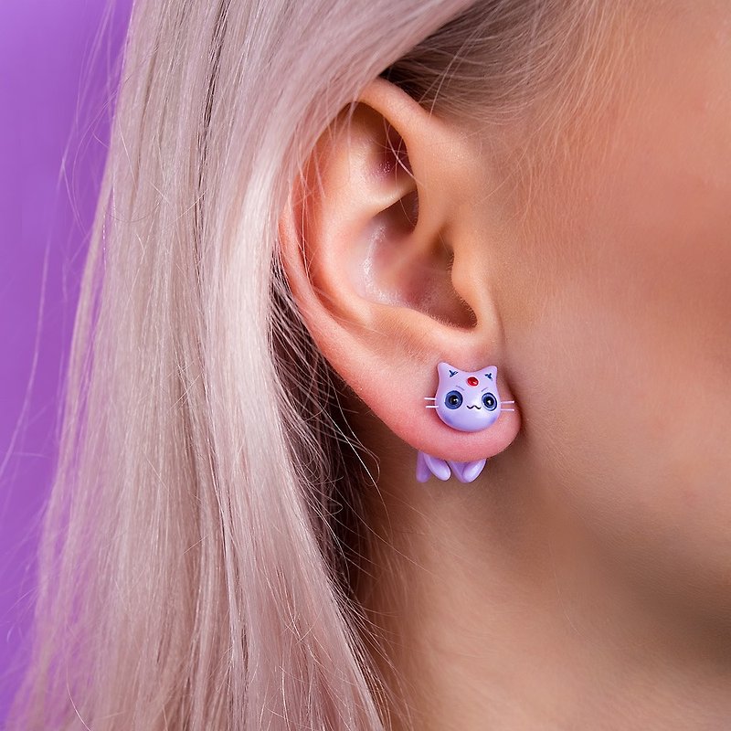 Purple Cat Earrings - Kawaii Cat Earrings Polymer Clay - Earrings & Clip-ons - Clay Blue