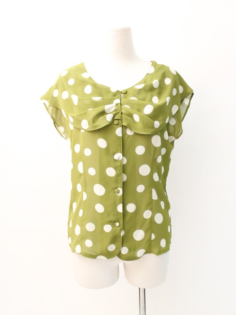 Vintage Japanese Cute Sweet Apple Green Big Dot Short Sleeve Vintage Shirt VintageBlouse - เสื้อเชิ้ตผู้หญิง - เส้นใยสังเคราะห์ สีเขียว