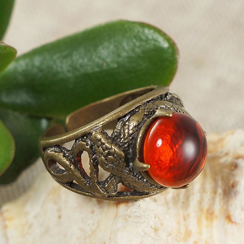 AGATIX Fire Red Orange Glass Bronze Snake Unisex Adjustable Free Size Ring Jewelry Gift