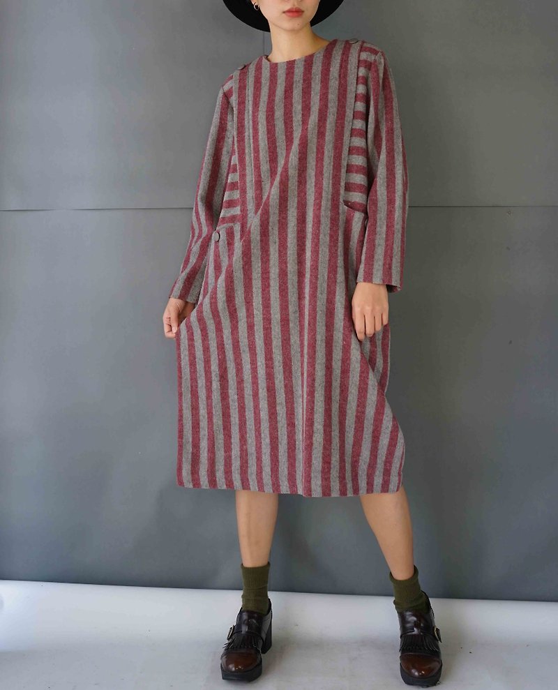 Treasure hunt vintage - red gray straight stripes H line wool dress - One Piece Dresses - Wool Gray