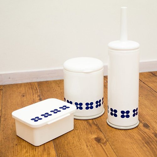 日本OKA 日本OKA 北歐風小花浴廁清潔三件組 (濕紙巾盒+垃圾桶+馬桶刷)