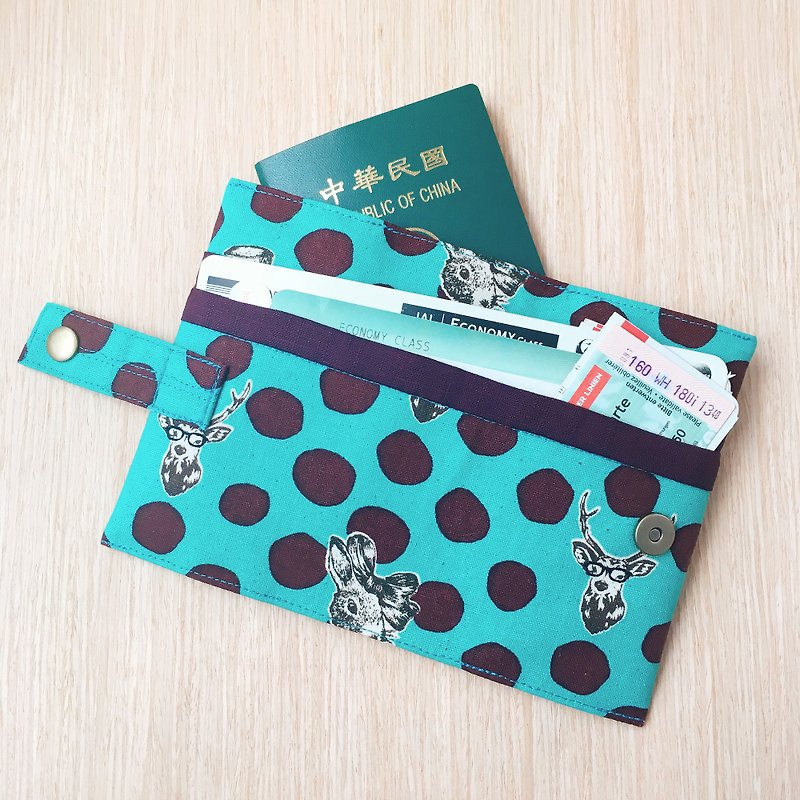 護照套+扣帶 (兔與鹿湖水綠深紫點)  接單生產* - 護照夾/護照套 - 棉．麻 綠色