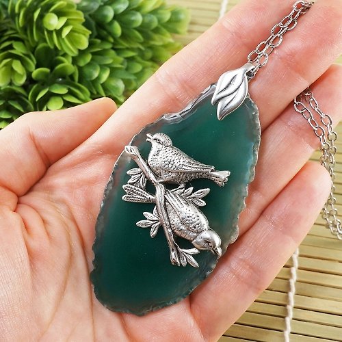 AGATIX Green Agate Slice Slab Necklace Silver Bird Two Birds Pendant Necklace Jewelry