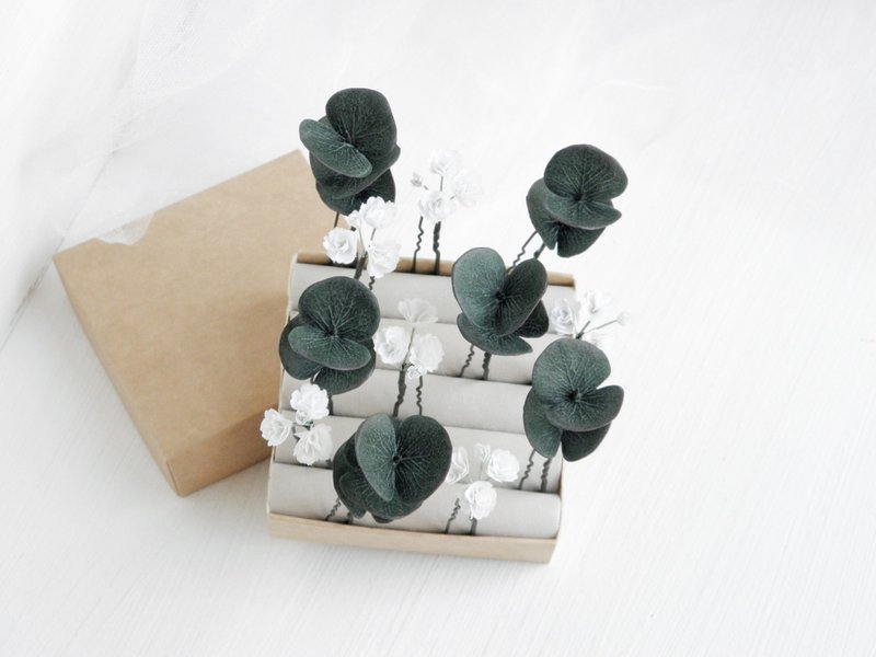 Eucalyptus hair piece Babys breath hair pins Greenery wedding hair accessories - Hair Accessories - Other Materials Green