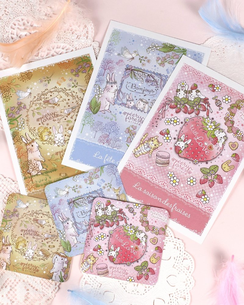 [Set of 6] Postcards and stickers with 3 matching date stamps: Rabbit, lop-eared rabbit, cute forest animals, bluebell, lily of the valley strawberry - Cards & Postcards - Paper Pink