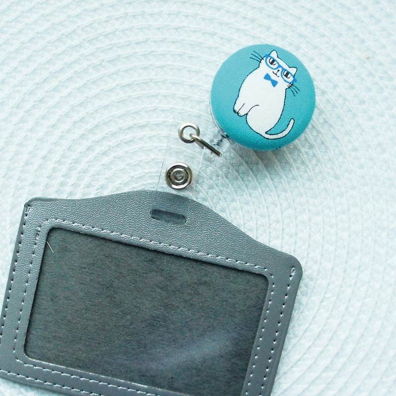 Lovely [Japanese cloth] Bow tie white cat retractable buckle + card holder, leisure card, ID holder E - ที่ใส่บัตรคล้องคอ - ผ้าฝ้าย/ผ้าลินิน สีเขียว