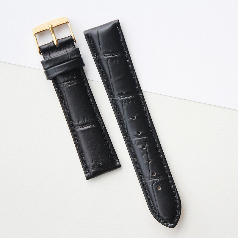 【PICONO】20-18mm texture black leather strap-Gold Buckle - นาฬิกาผู้ชาย - หนังแท้ 