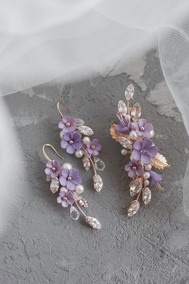 Purple flower hair clip, Floral jewelry set, Earrings and hair piece - 髮夾/髮圈 - 黏土 紫色