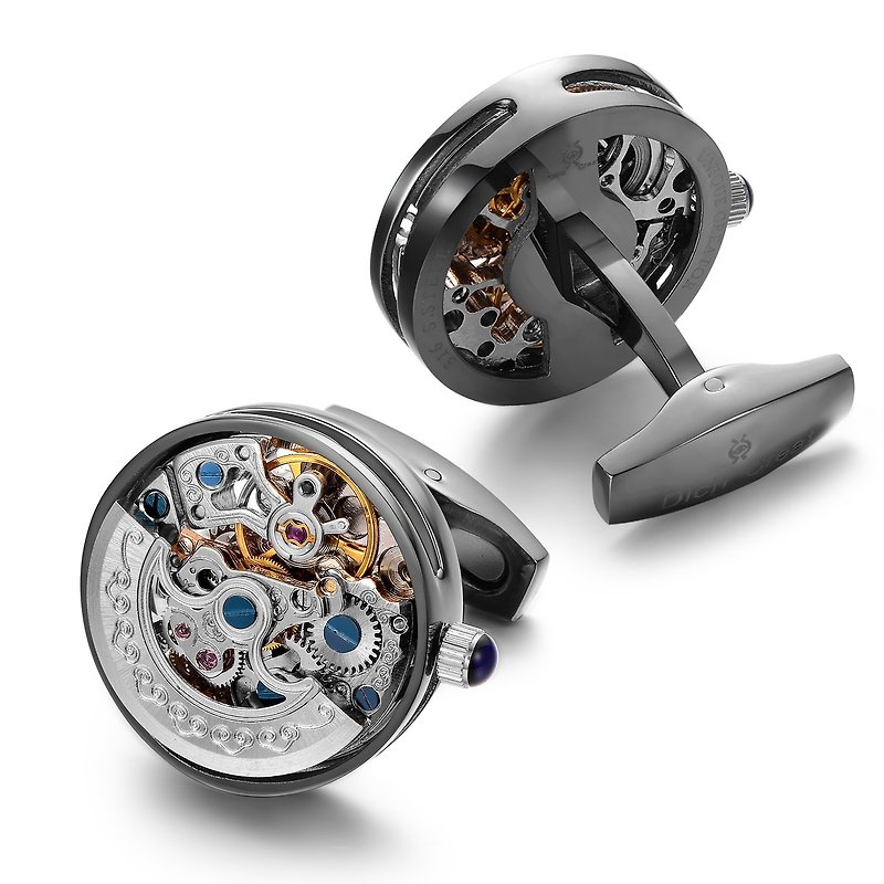 Matte Black PVD Stainless Steels Automatic Skeleton Engraved Movement Cufflinks - Ties & Tie Clips - Stainless Steel Black