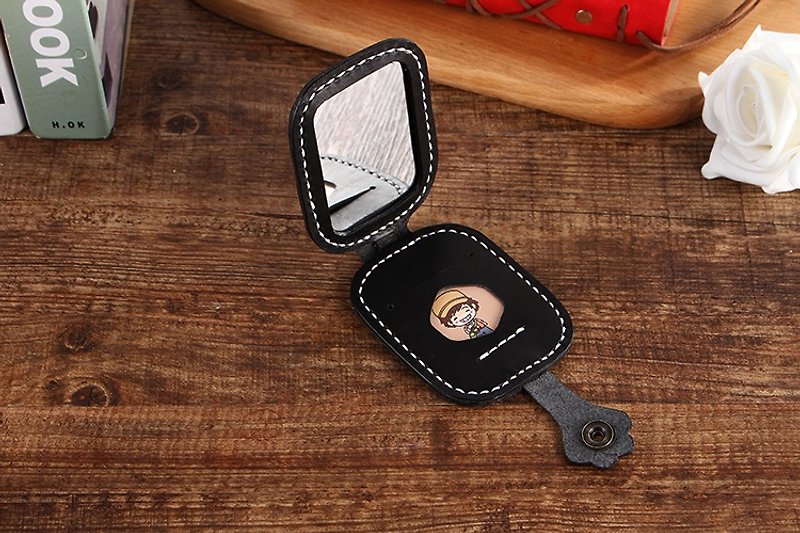 [Tangent school] hand-stitched cute kitty's cat makeup mirror carry mini mirror black - Other - Genuine Leather Black