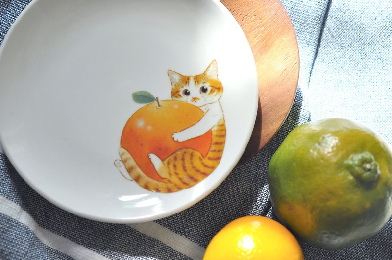 插畫貓咪陶瓷盤-橘子寶寶 - 盤子/餐盤/盤架 - 陶 橘色