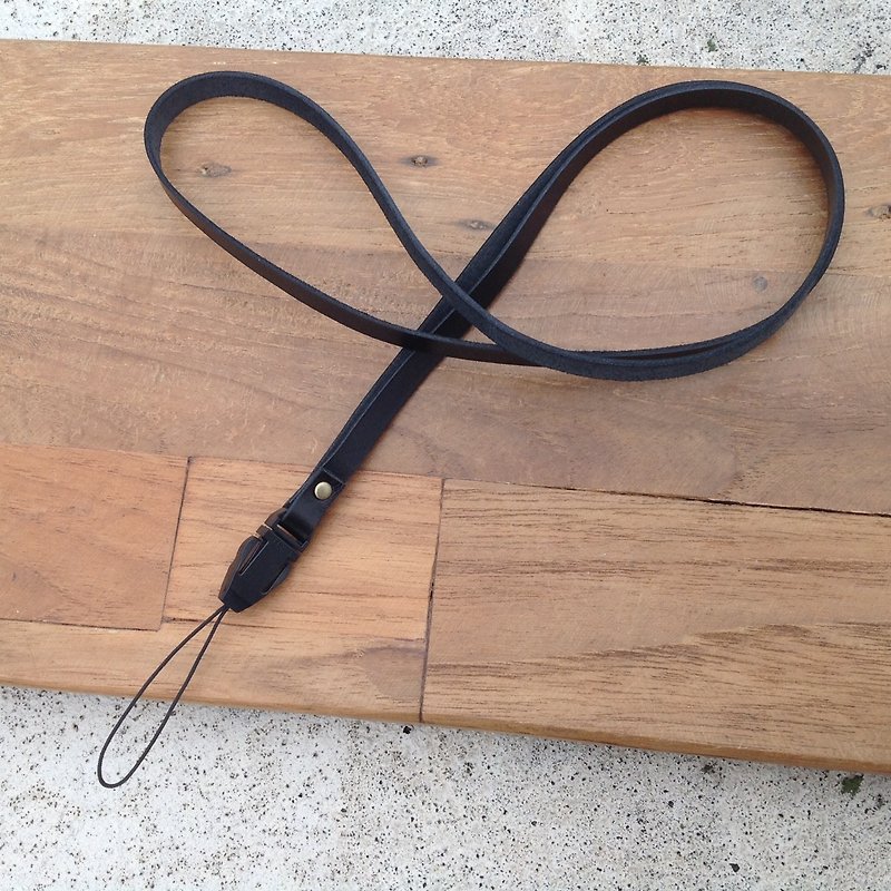Mobile phone strap leather lanyard lanyard hook type long rope leather rope sling hanging neck hanging neck camera strap black - อุปกรณ์เสริมอื่น ๆ - หนังแท้ สีดำ