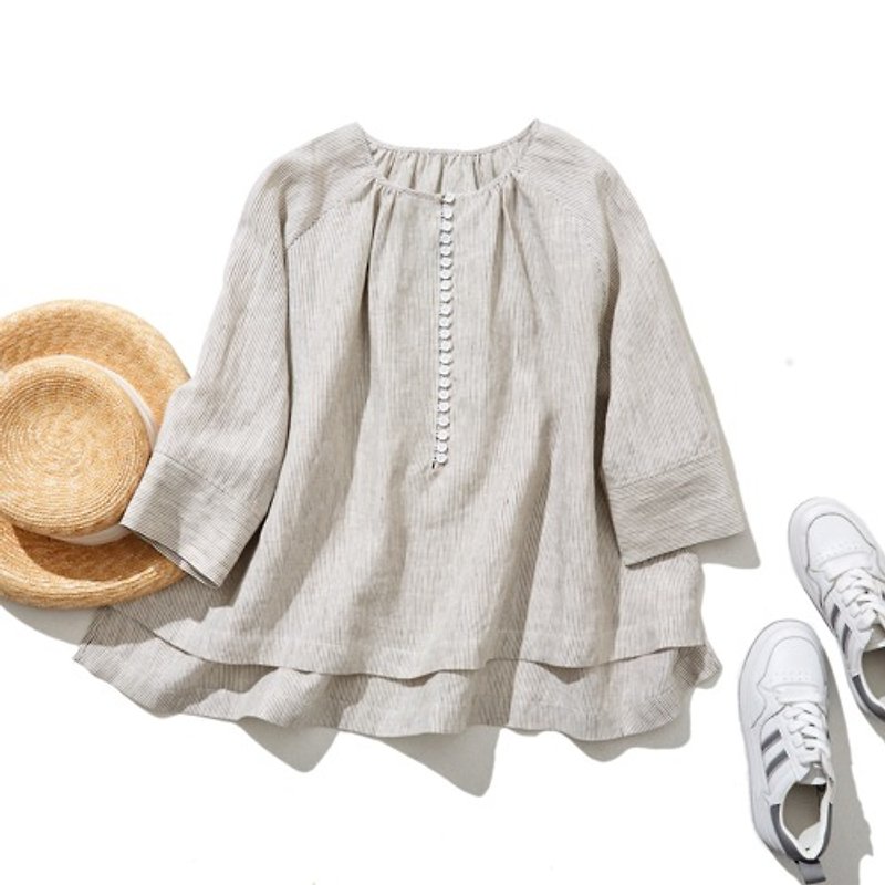 A Linen blouse that changes expression with every movement. 100% Linen, striped, 230404-2 - เสื้อผู้หญิง - วัสดุอื่นๆ 