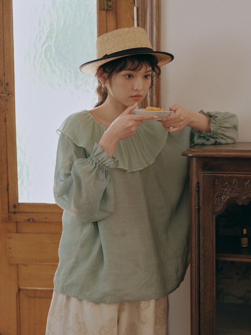 Lotus leaf collar ramie loose casual top artistic shirt Japanese style outfit for spring - Women's Tops - Cotton & Hemp Multicolor