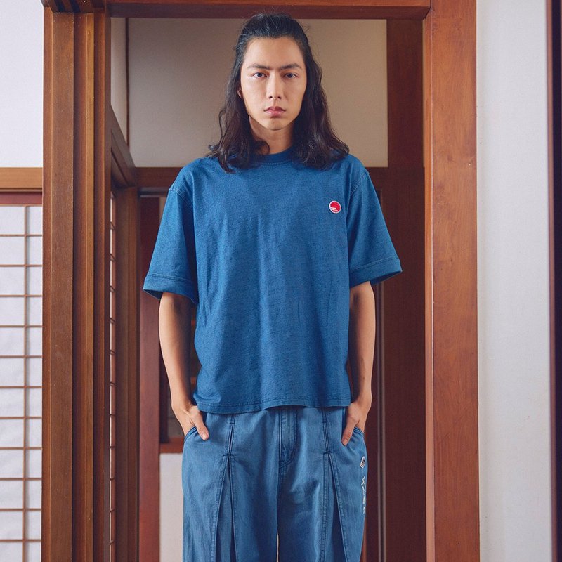 江戶勝 日系 男裝 反摺短袖T恤(石洗綠) #上衣 - 男 T 恤 - 棉．麻 藍色