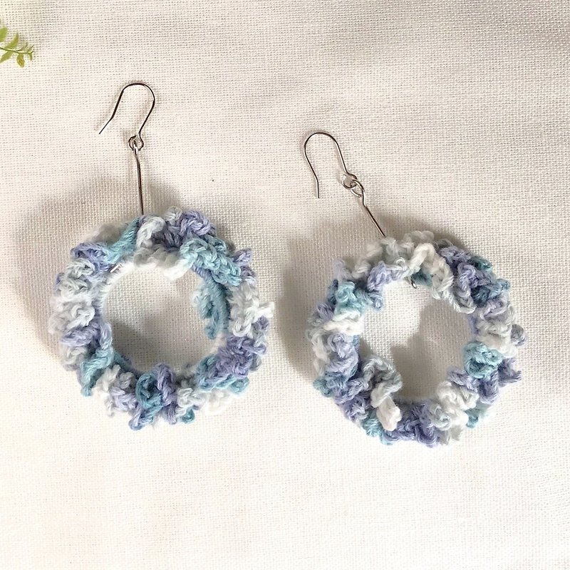 Crochet _ Wreath Dangle Earrings _ Blue Green - Earrings & Clip-ons - Cotton & Hemp Blue