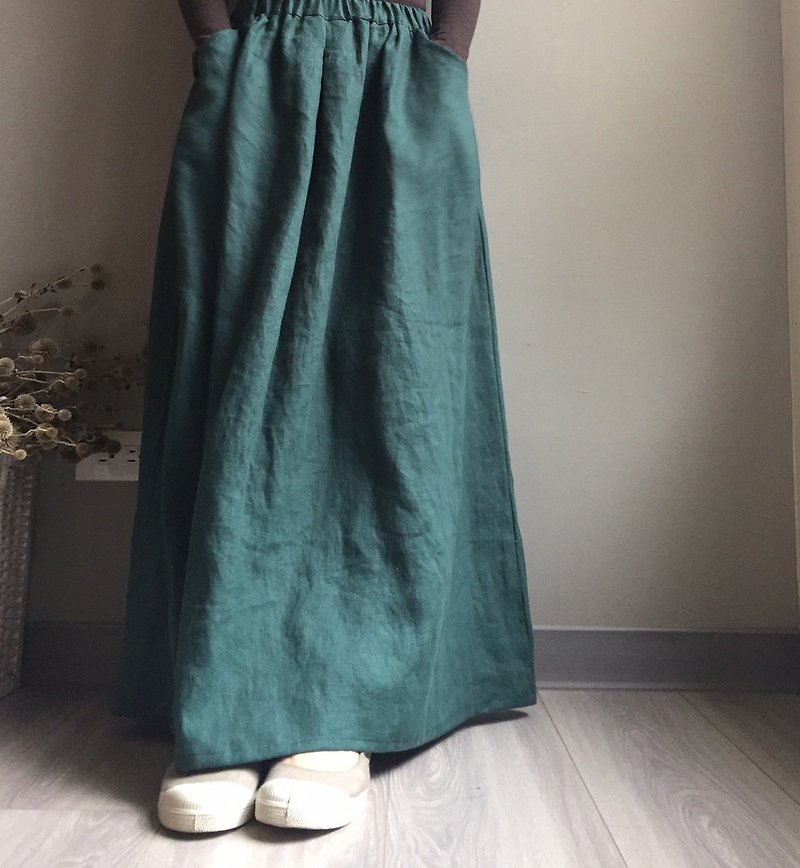松樹與兔子 #歐式優雅 綠色口袋及踝長裙 100%亞麻   - 裙子/長裙 - 棉．麻 