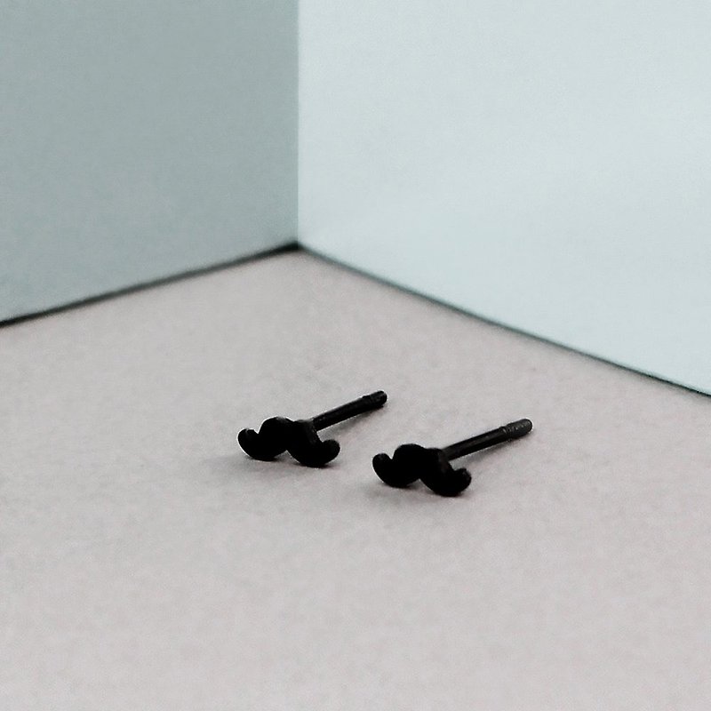 Mini Mustache Steel Earrings-Black Silver - ต่างหู - สแตนเลส สีดำ